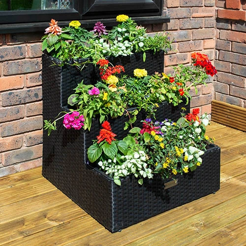 Tiered Rattan Planter In Black 1 Tiered Rattan Planter In Black